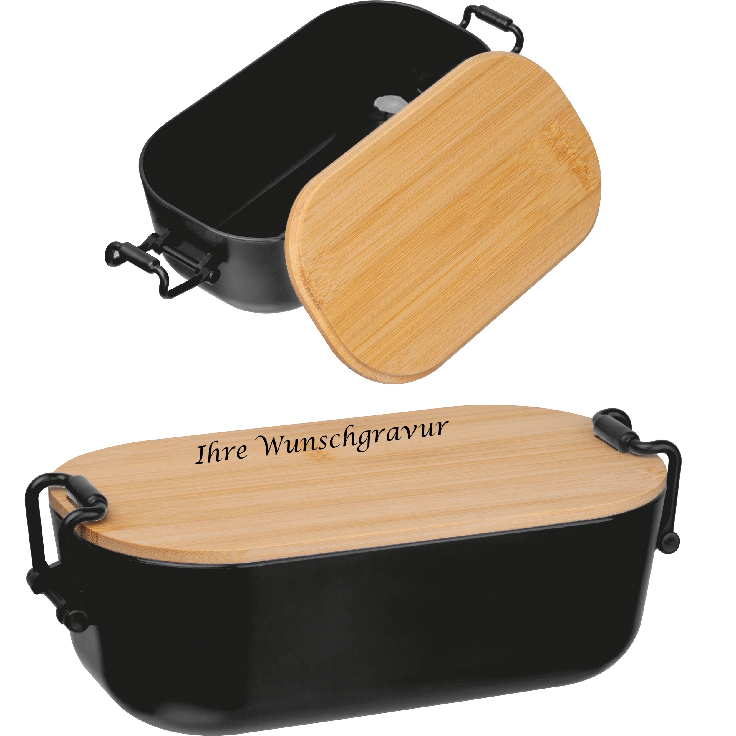 Brotdose mit Gravur / Lunchbox / mit Bambusdeckel und Bügelverschluss / schwarz