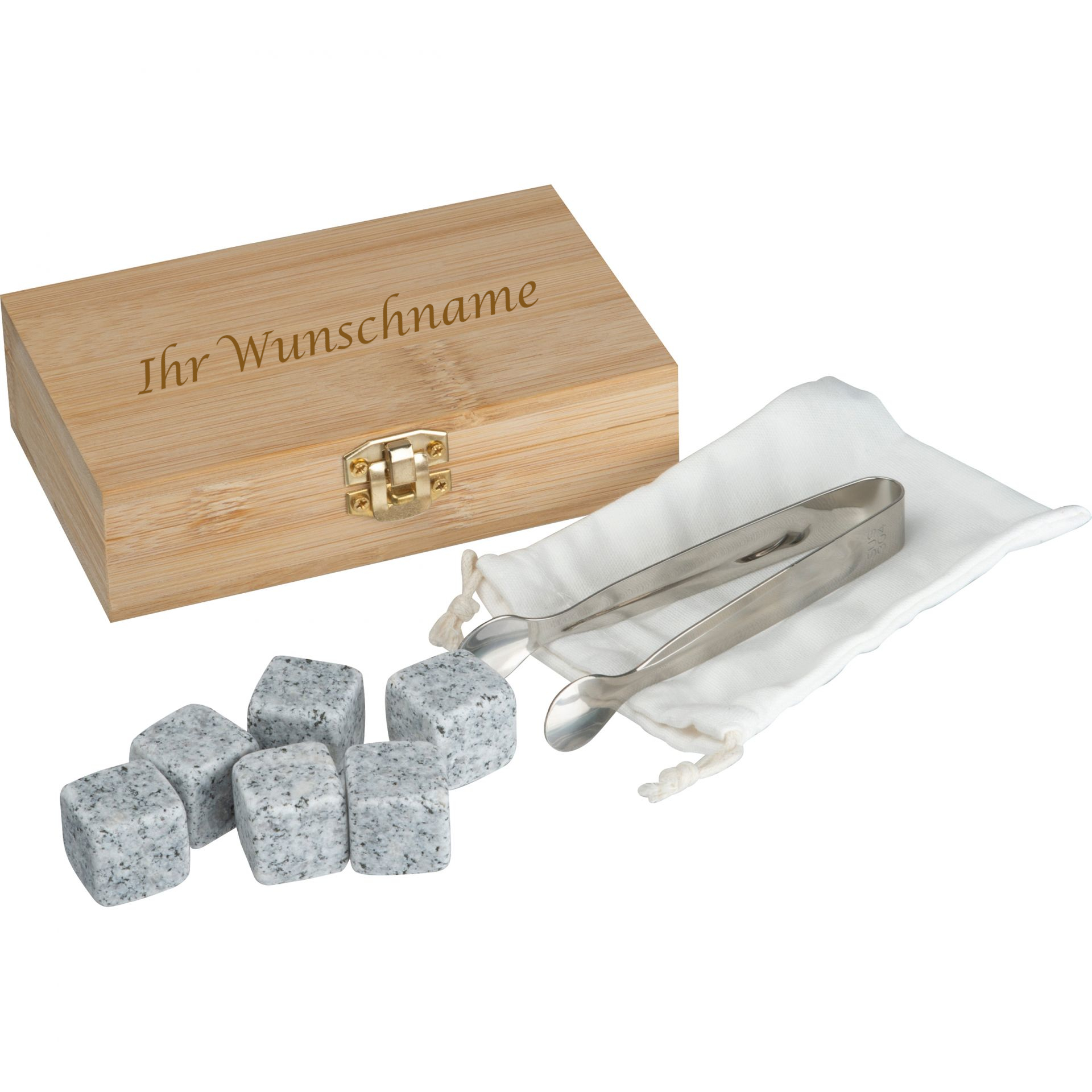 6 wiederverwendbare Granit Eiswürfel mit Edelstahlzange in Bambusbox mit Gravur