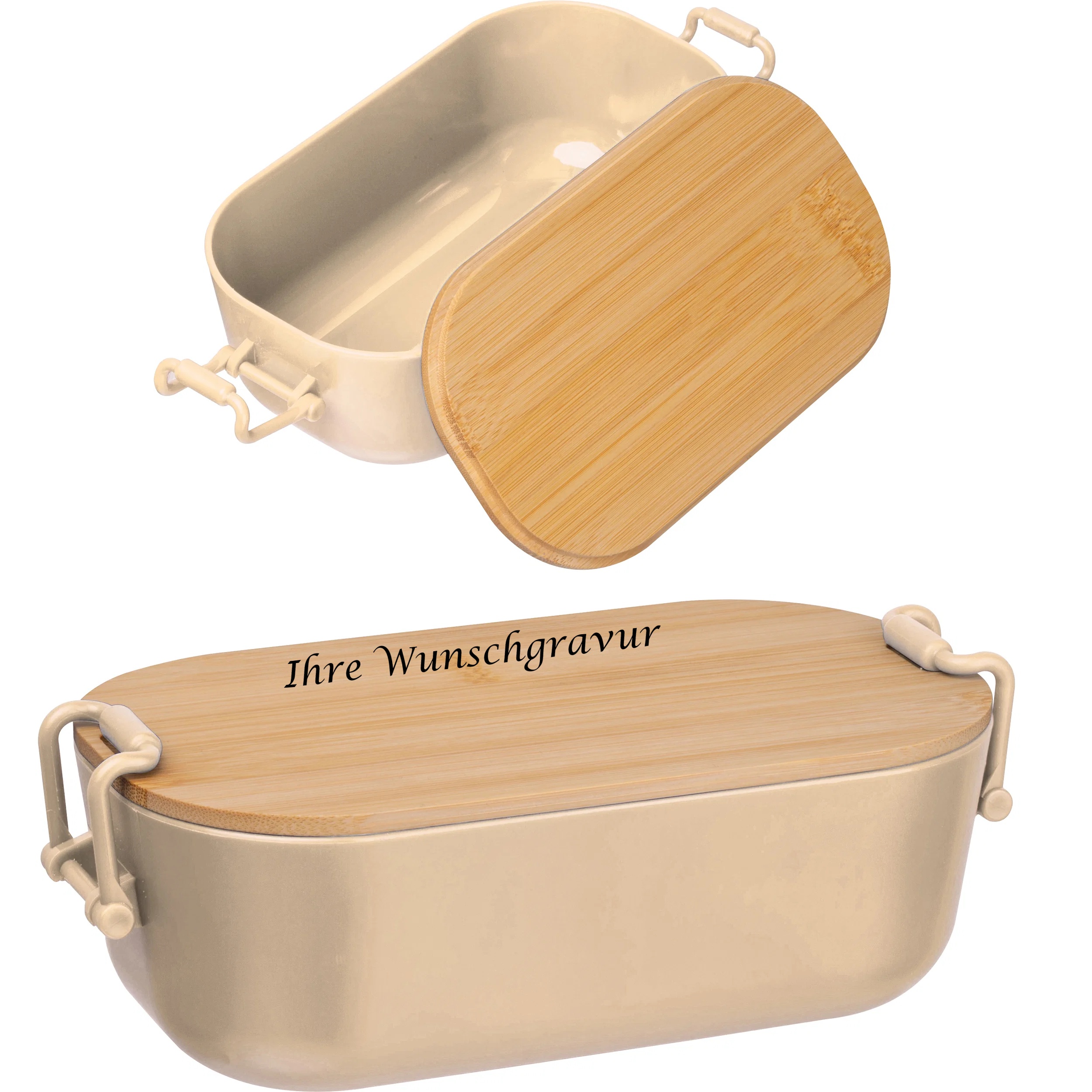 Brotdose mit Gravur / Lunchbox / mit Bambusdeckel und Bügelverschluss / beige