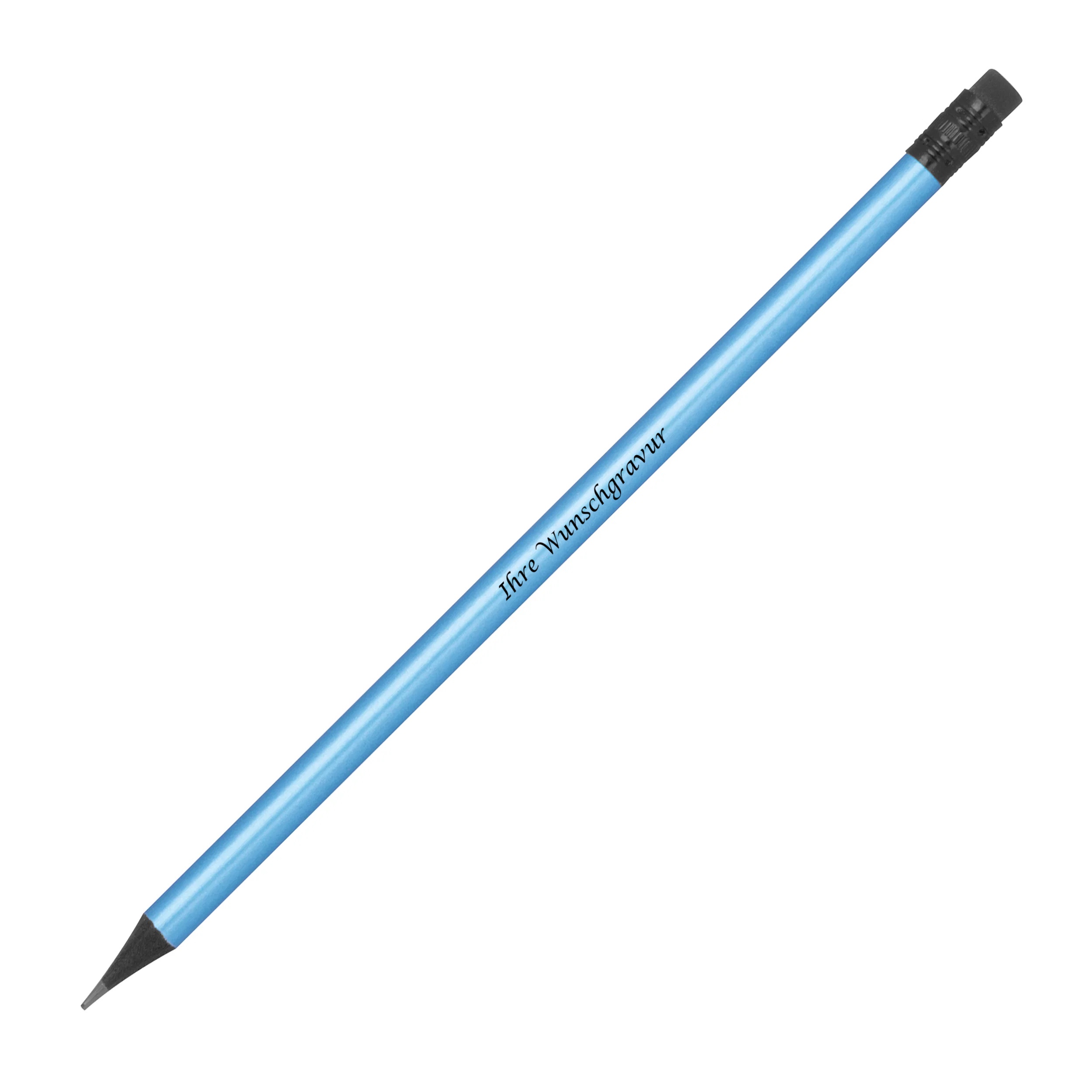 100 Bleistifte mit Gravur / mit Radierer / HB / Farbe: metallic-hellblau