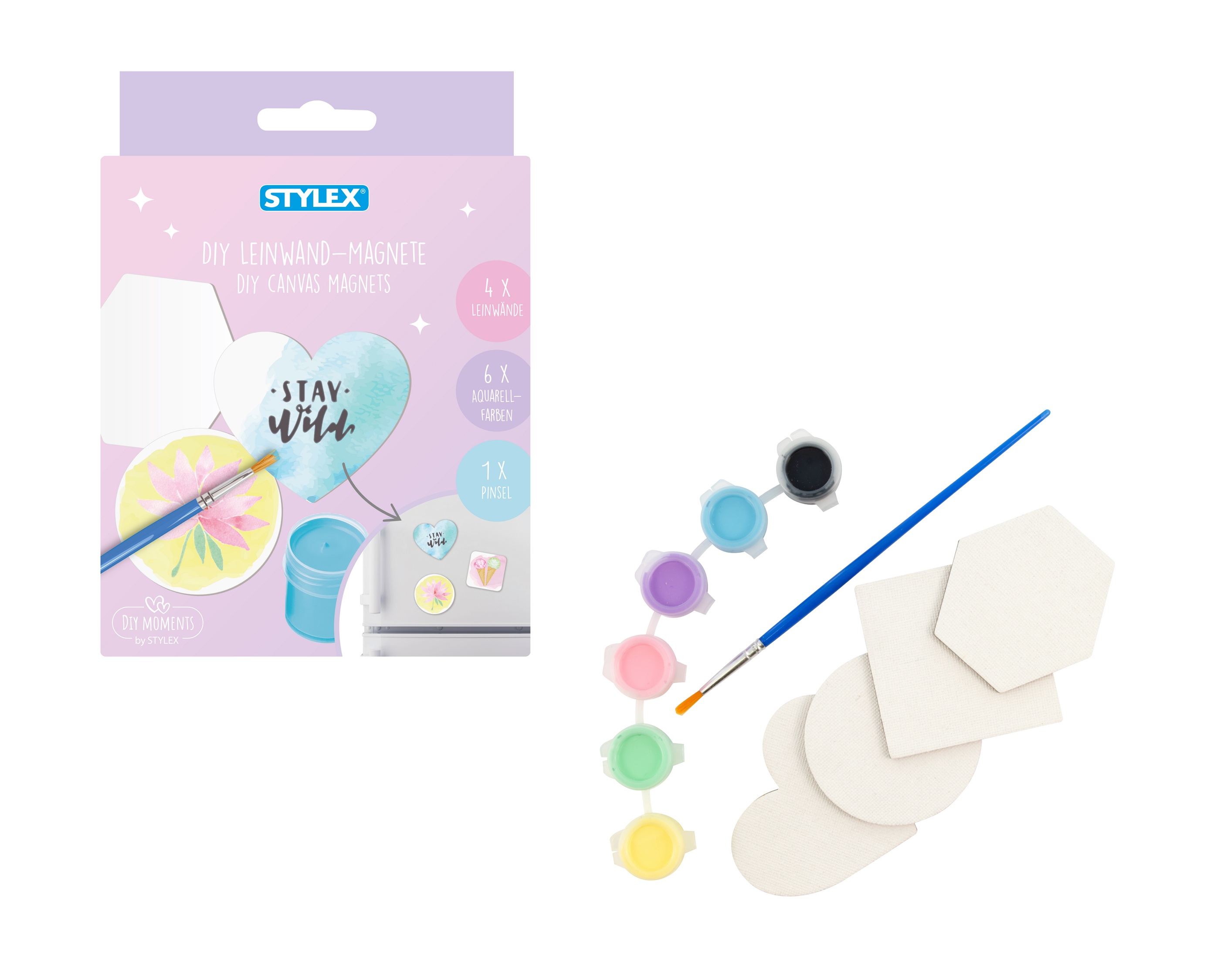 4 DIY Leinwand-Magnete Set mit 6 Aquarellfarben à 5 ml und Pinsel