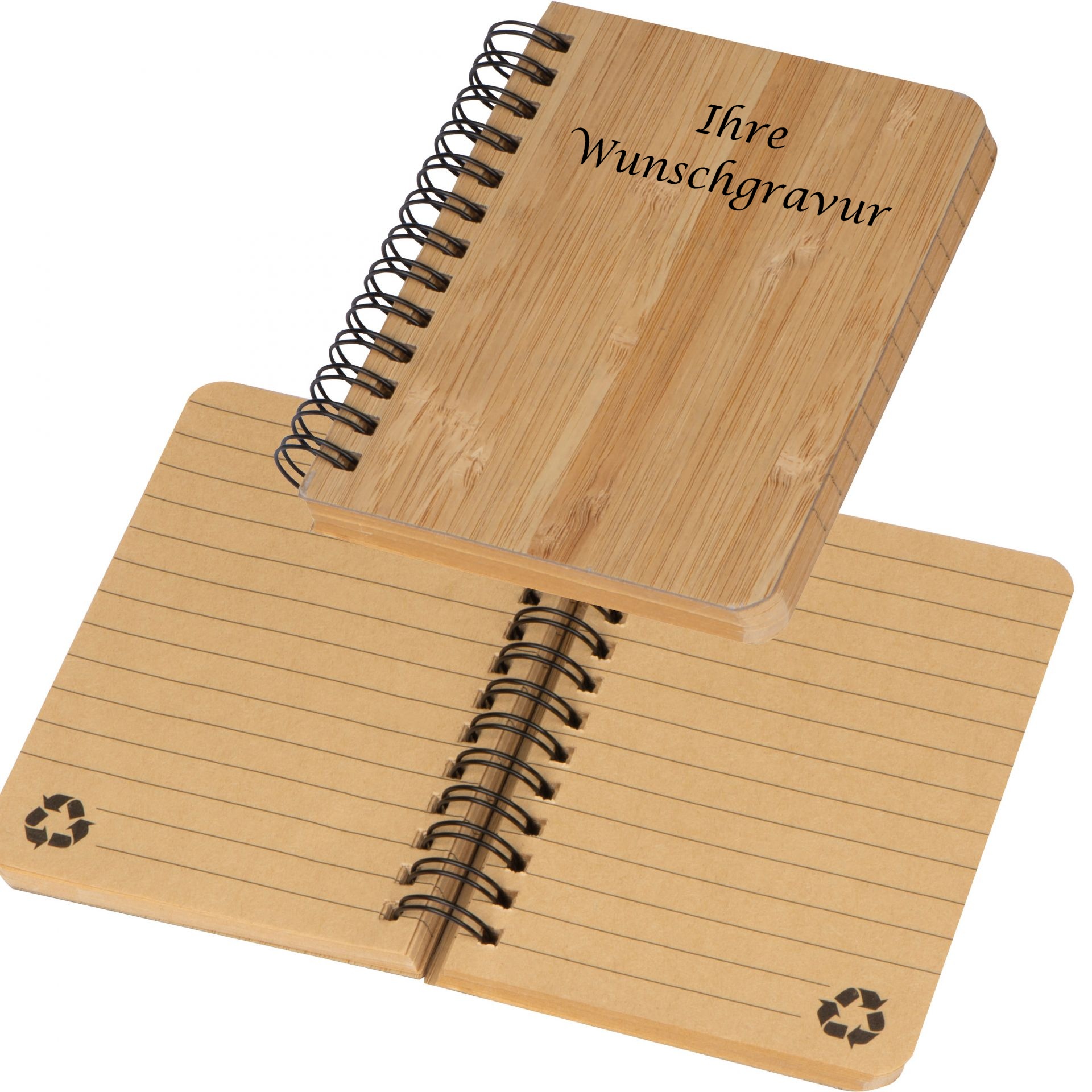 Kleines Notizbuch mit Gravur / Spirallbindung und Bambuscover / 160 S. ca. A7+