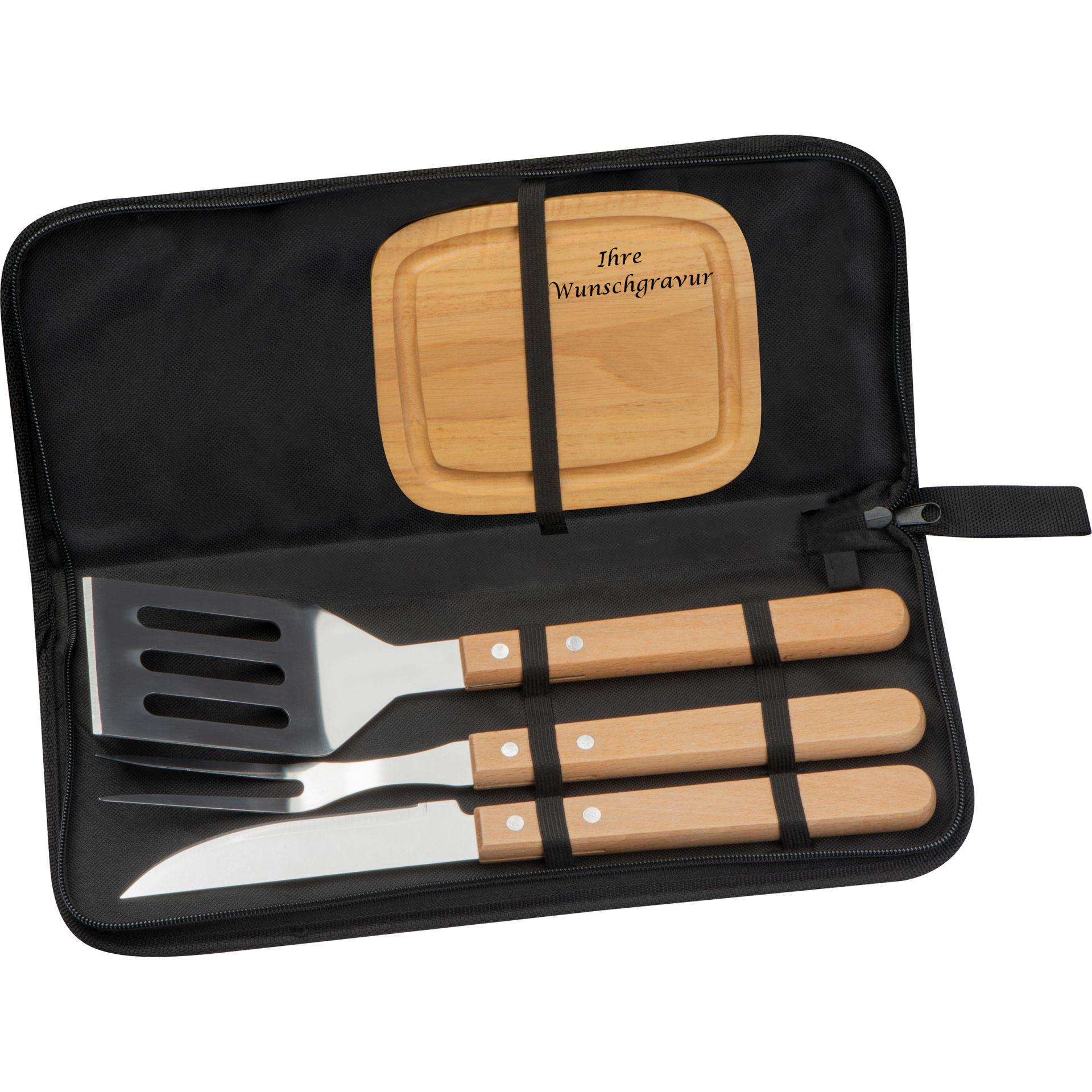 BBQ Tasche mit Schneidebrett,Grillwender, Fleischgabel, Fleischmesser mit Gravur