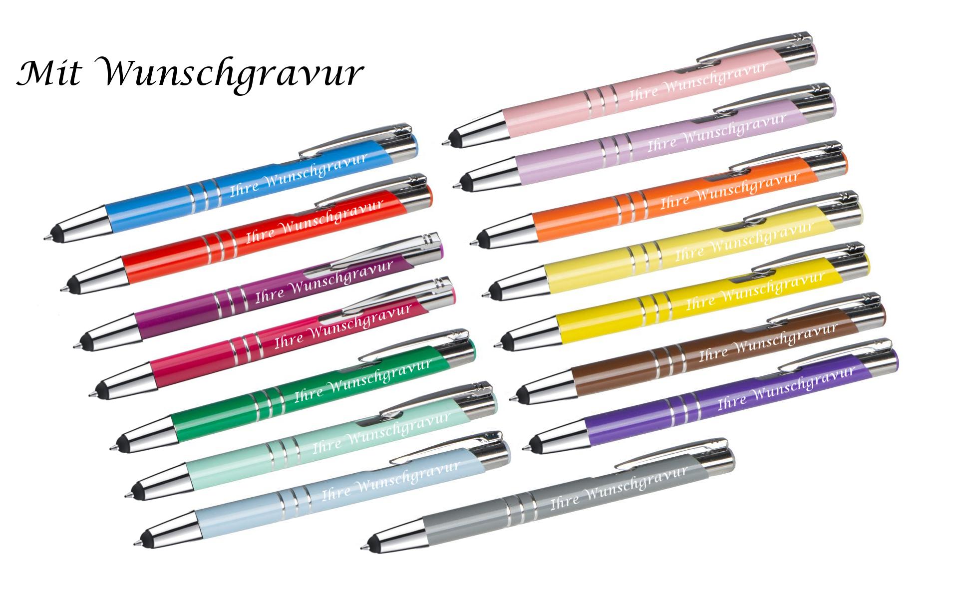 15 Touchpen Kugelschreiber aus Metall mit Gravur  / 15 verschiedene Farben
