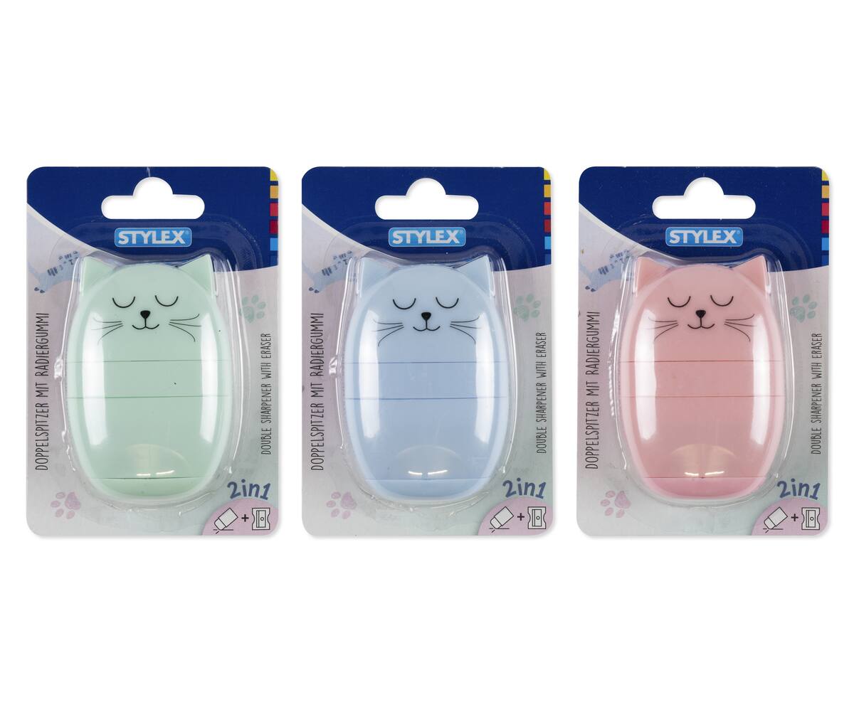 3x Doppelspitzer mit Radiergummi "Katze"