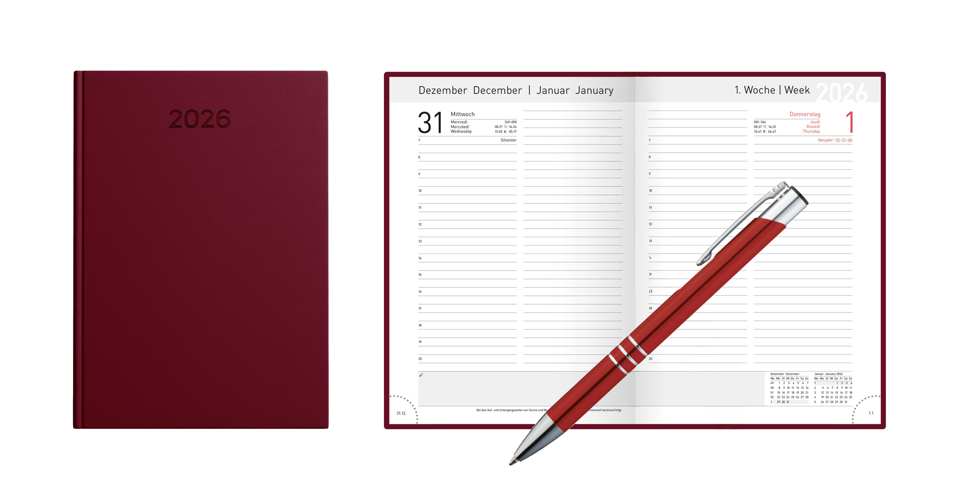 Buchkalender 2026 / Chefkalender / Farbe: burgund + Metallkugelschreiber