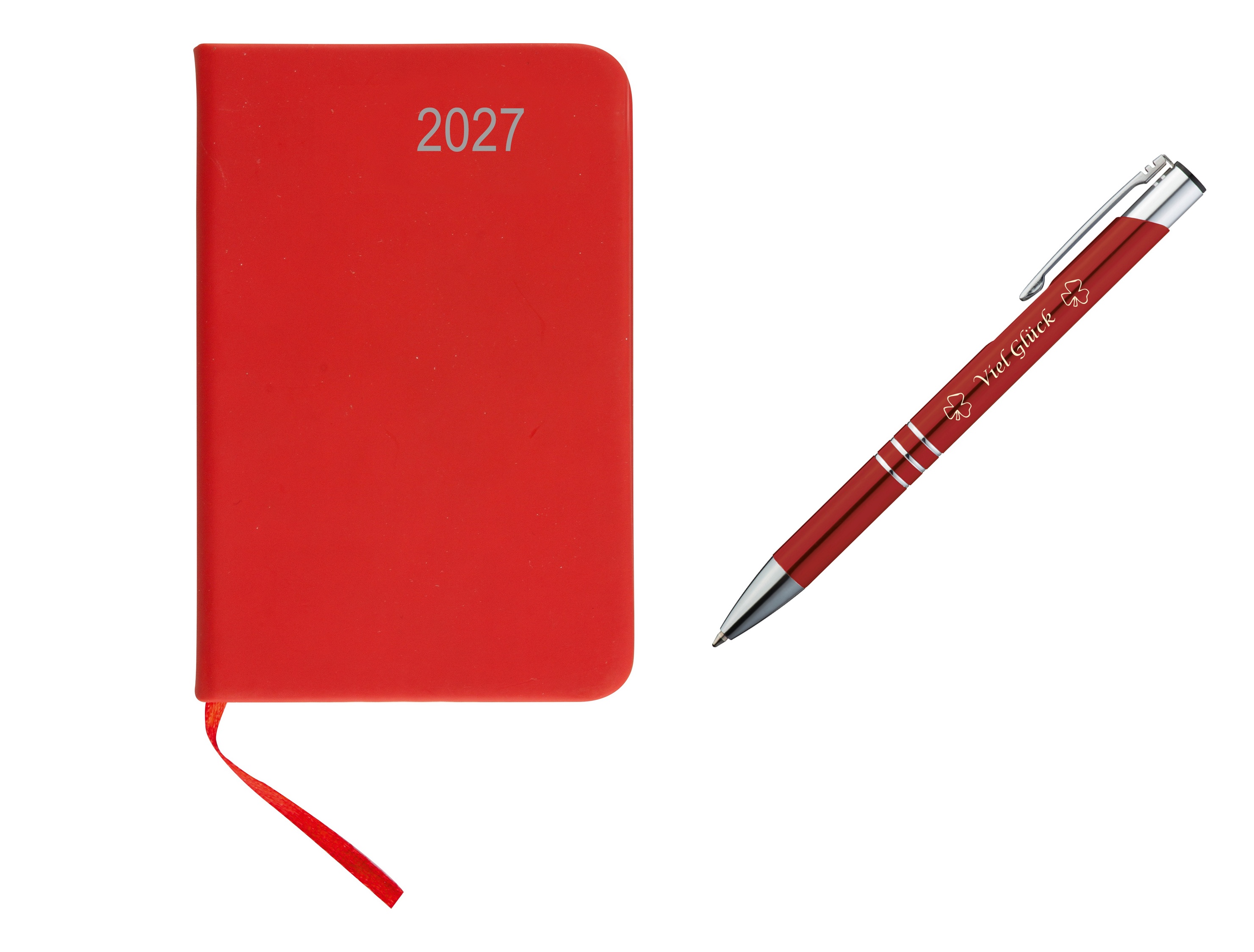Taschenkalender 2027 / ca DIN A7 / mit PU Einband / Farbe: rot + Glückskuli