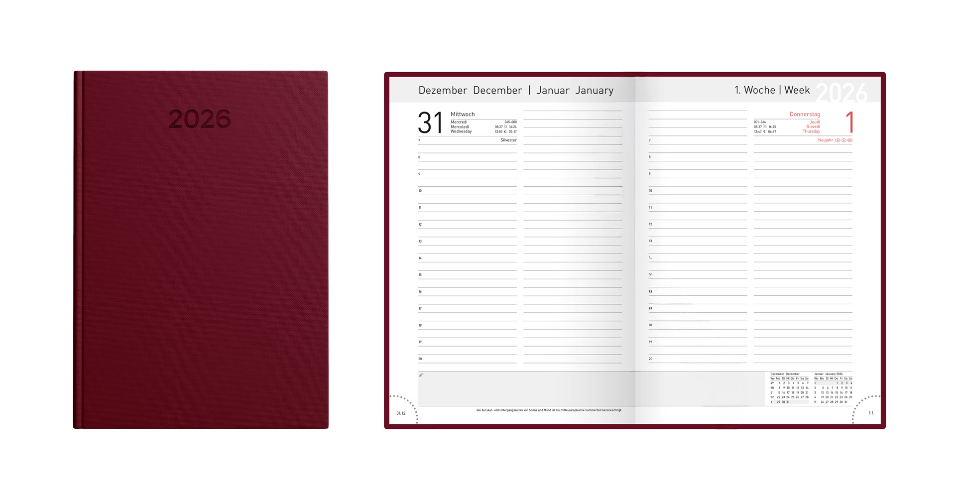 Buchkalender 2026 / Chefkalender / Farbe: burgund