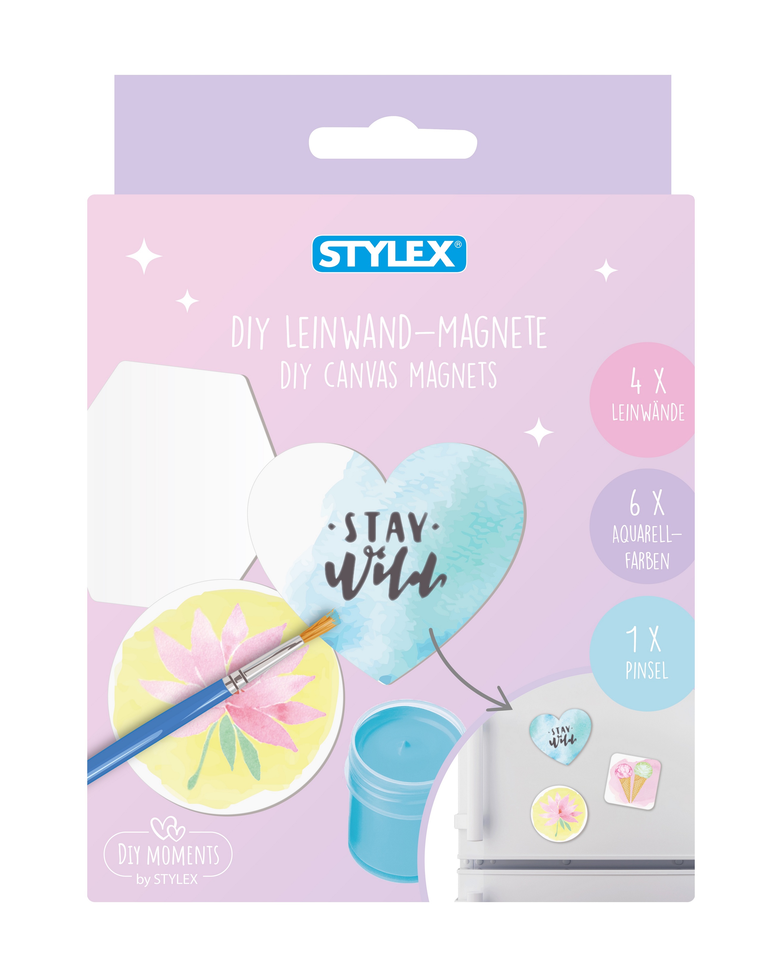 4 DIY Leinwand-Magnete Set mit 6 Aquarellfarben à 5 ml und Pinsel