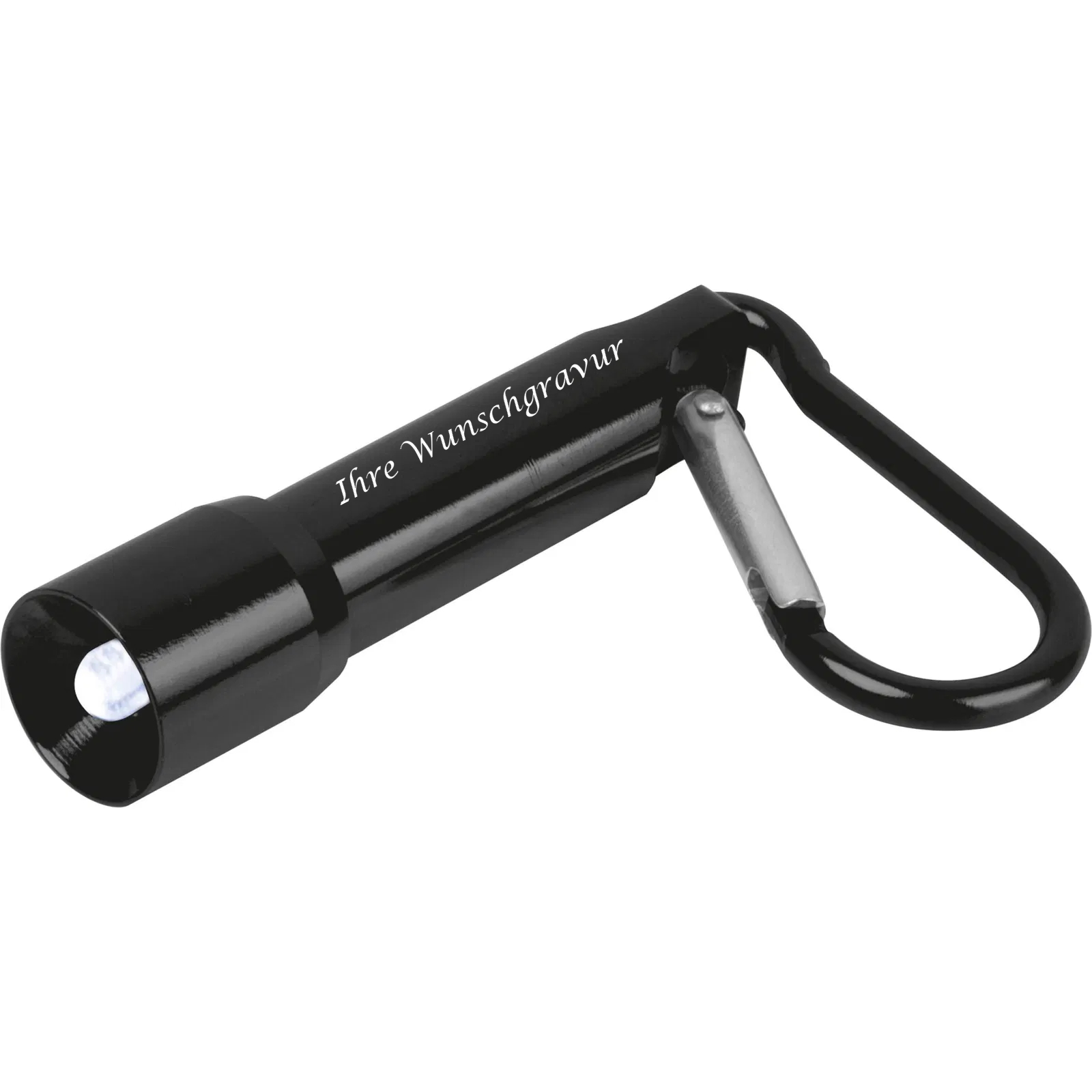 Mini-Taschenlampe mit Gravur / aus Metall / mit Karabinerhaken / Farbe: schwarz