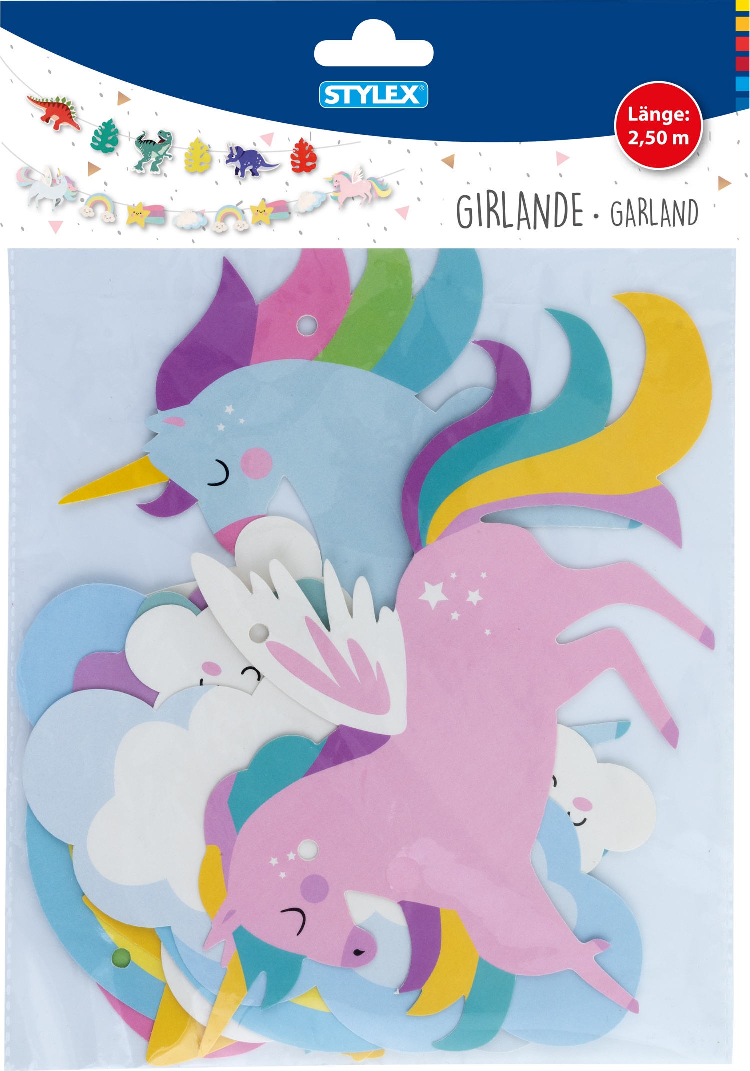 2x Girlande / 2,5m / je 1x mit Einhorn und Dino