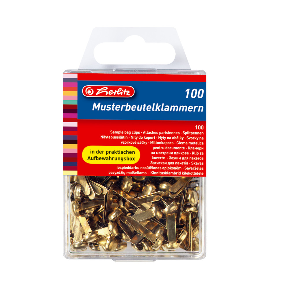 100 Herlitz Rundkopfklammern / Musterbeutelklammern / vermessingt