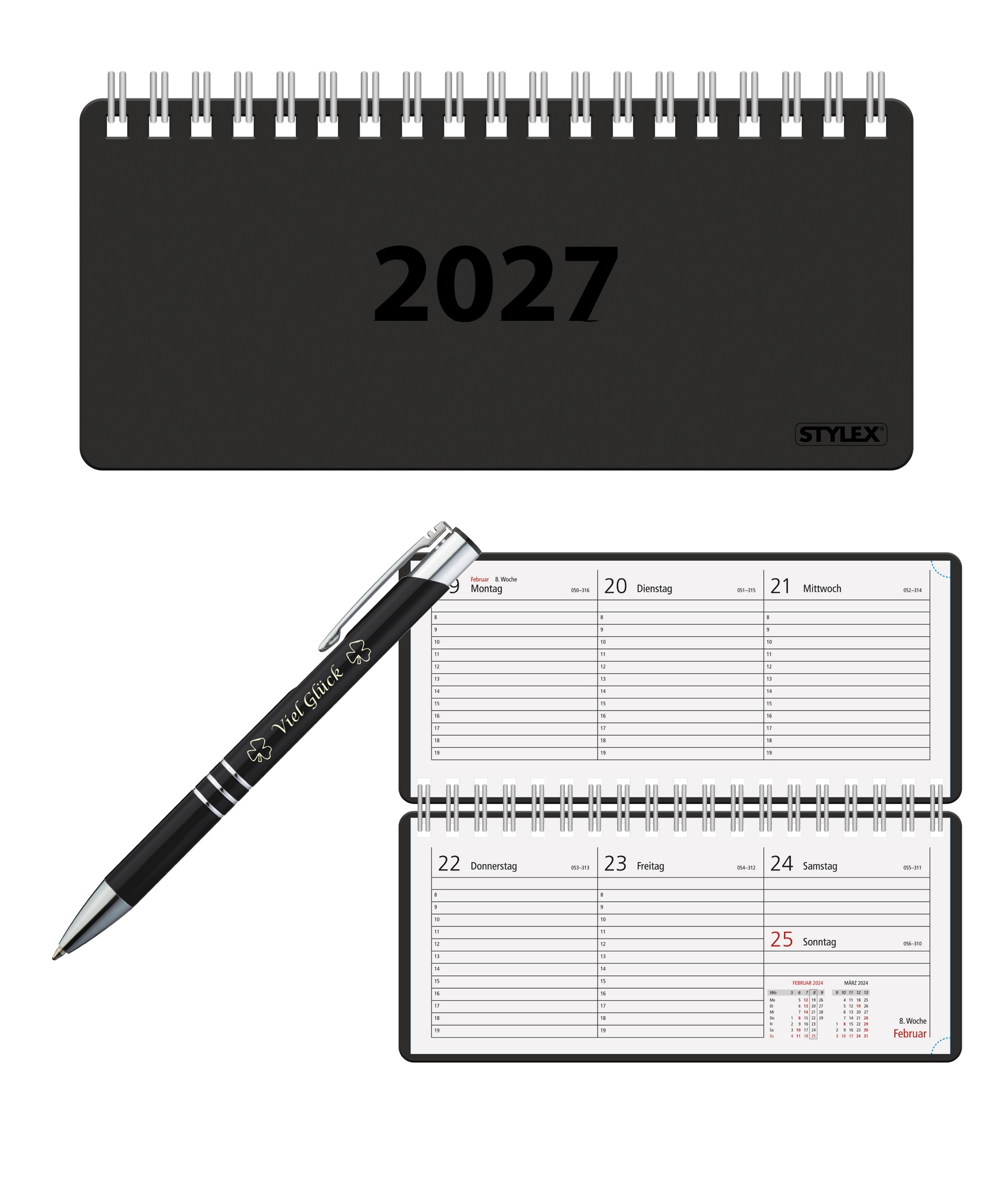 Spiral-Taschenkalender 2027 / ca. 8 x 18 cm / Farbe: schwarz + Glückskuli