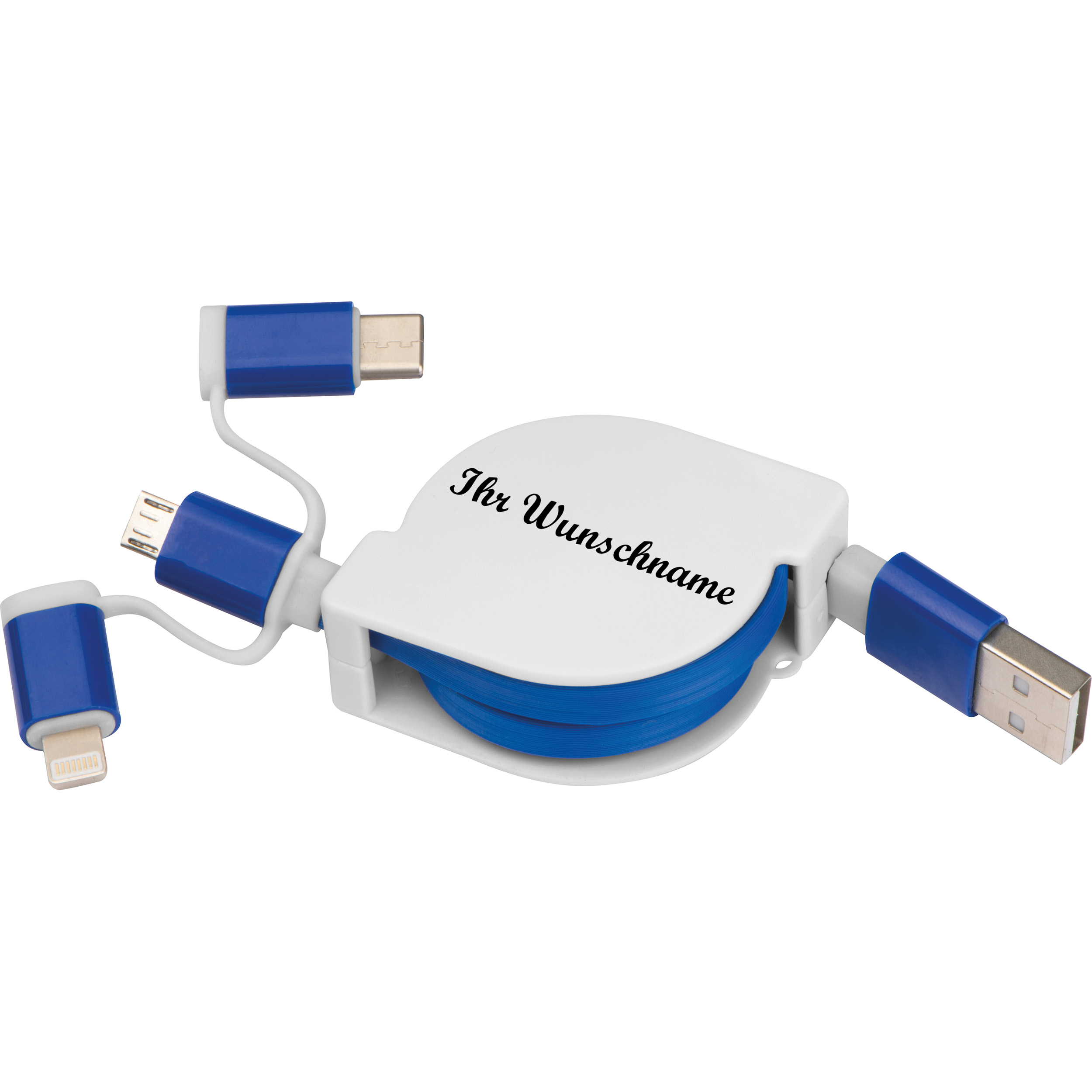 Ladekabel mit iOS, C-Type und Micro USB Anschluss mit Namensgravur - Farbe: blau