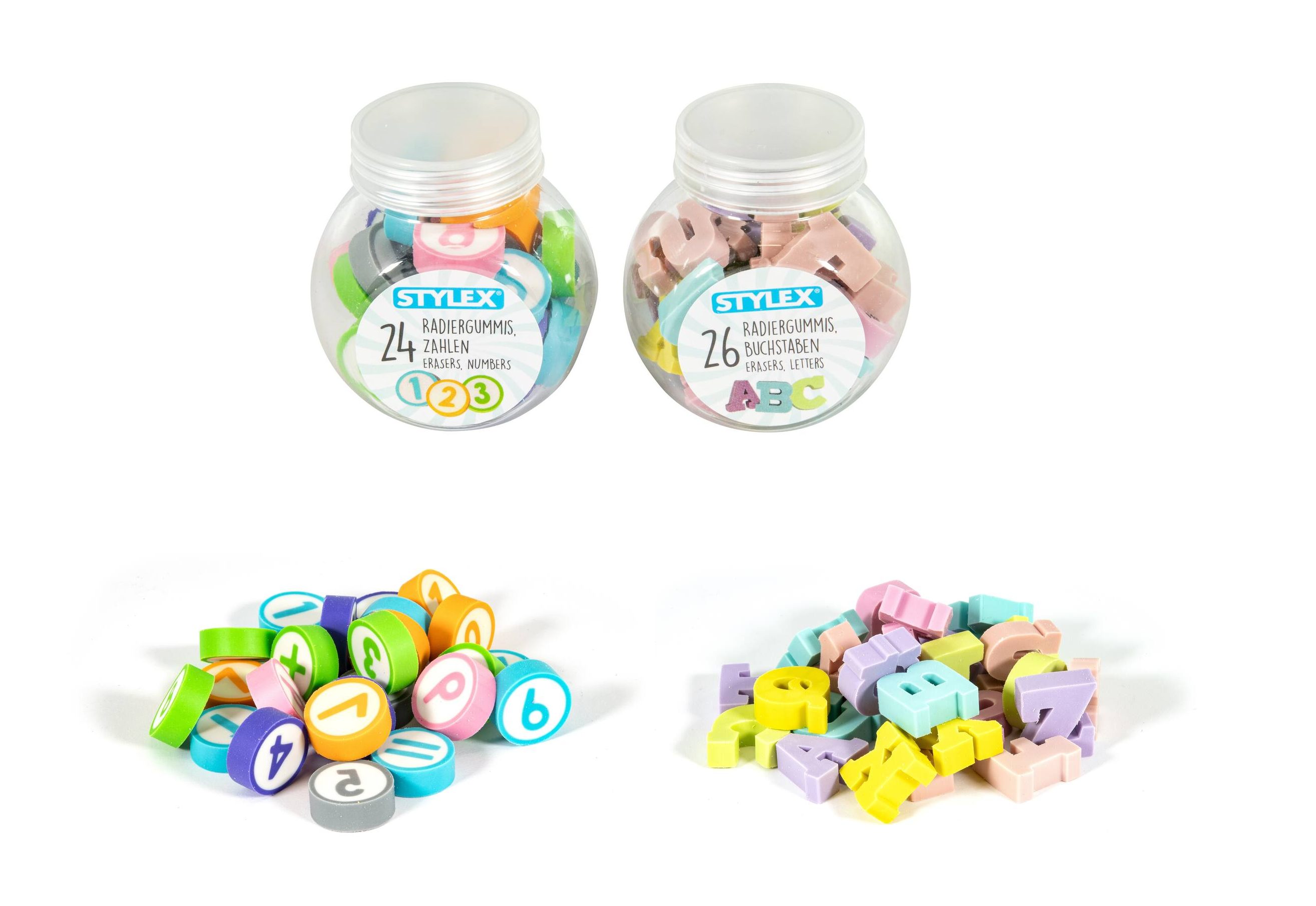 60x Radiergummi / mit Buchstaben, Zahlen und Rechenzeichen