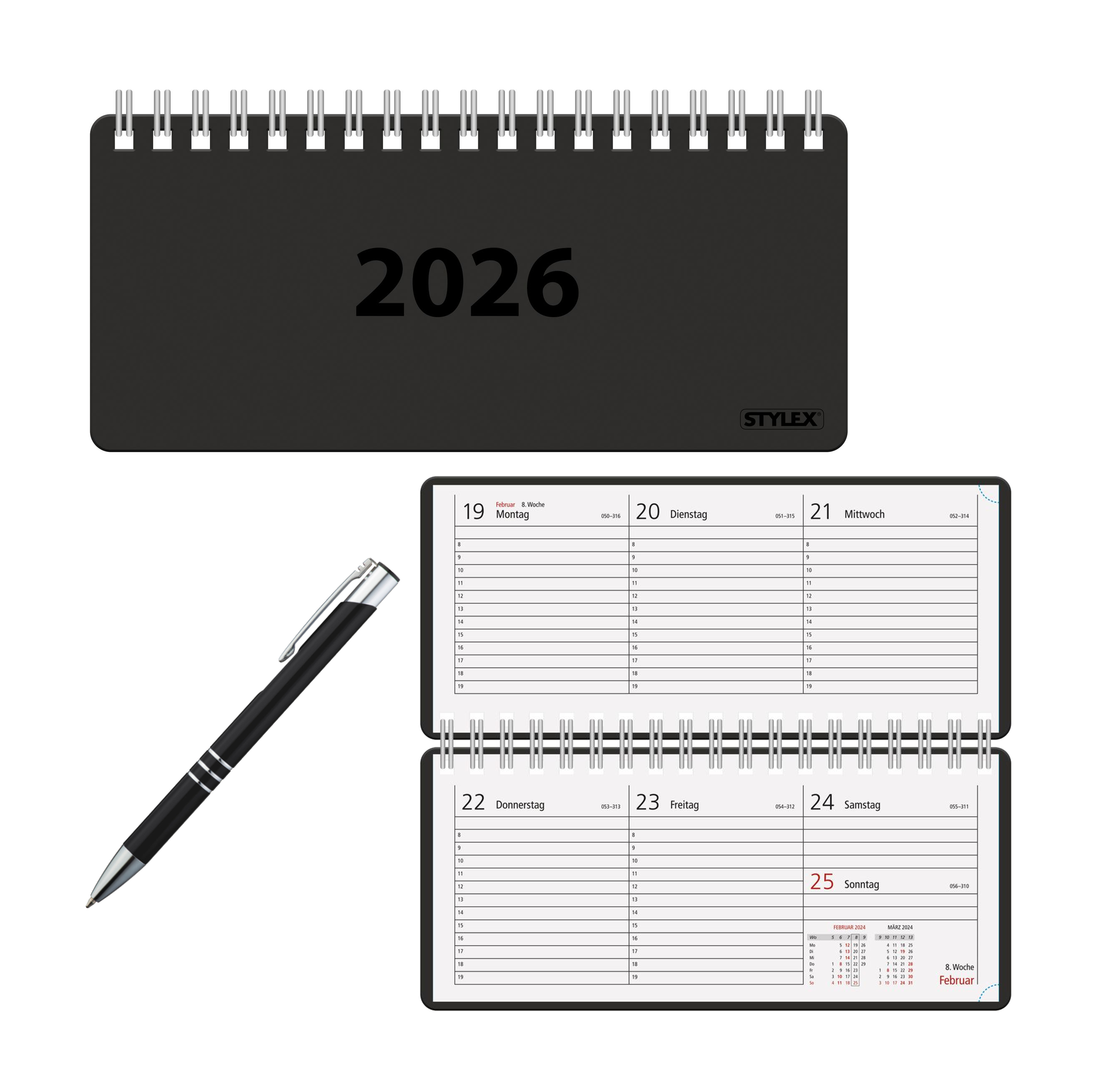Spiral-Taschenkalender 2026 / ca. 8 x 18 cm / Farbe: schwarz + Kugelschreiber