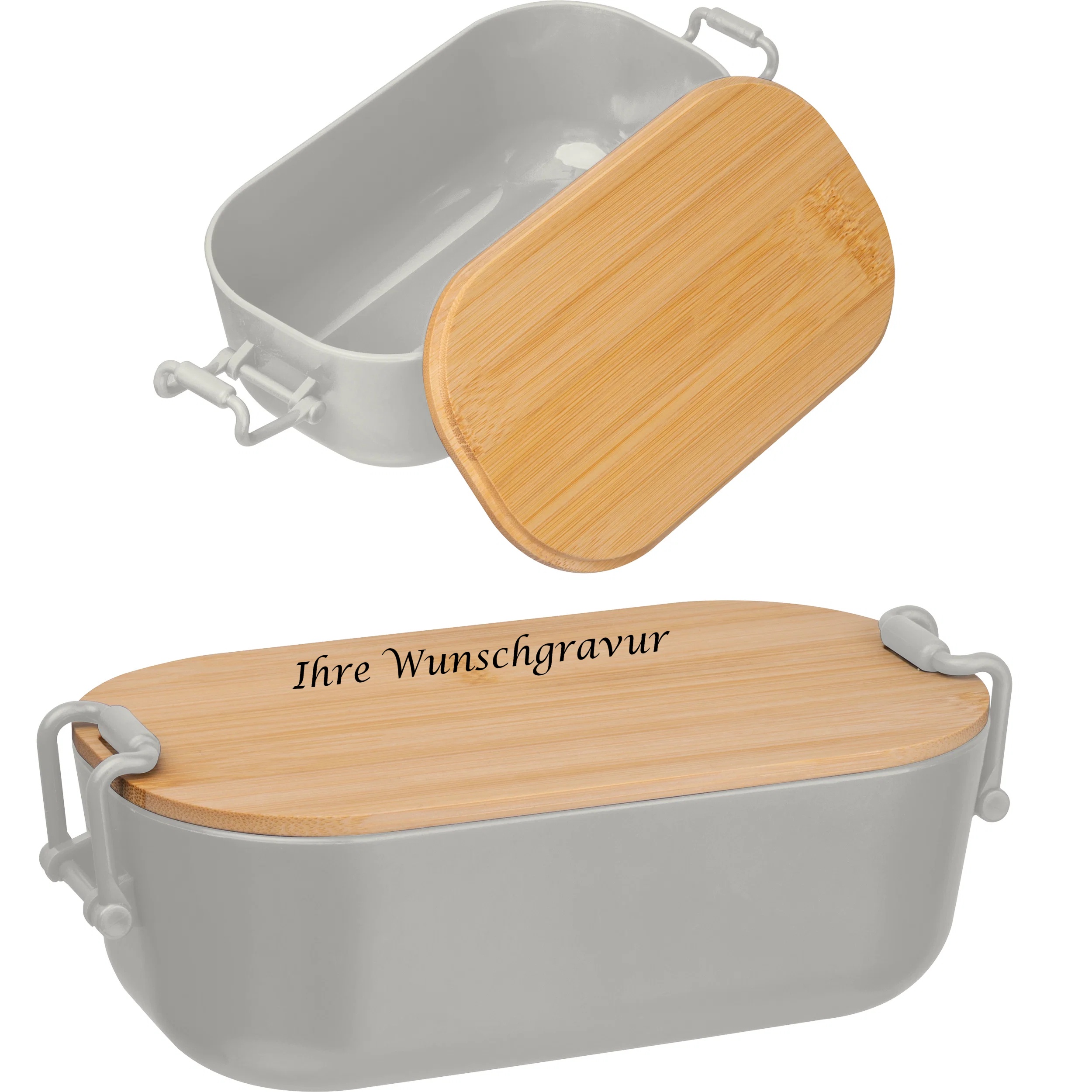 Brotdose mit Gravur / Lunchbox / mit Bambusdeckel und Bügelverschluss / grau