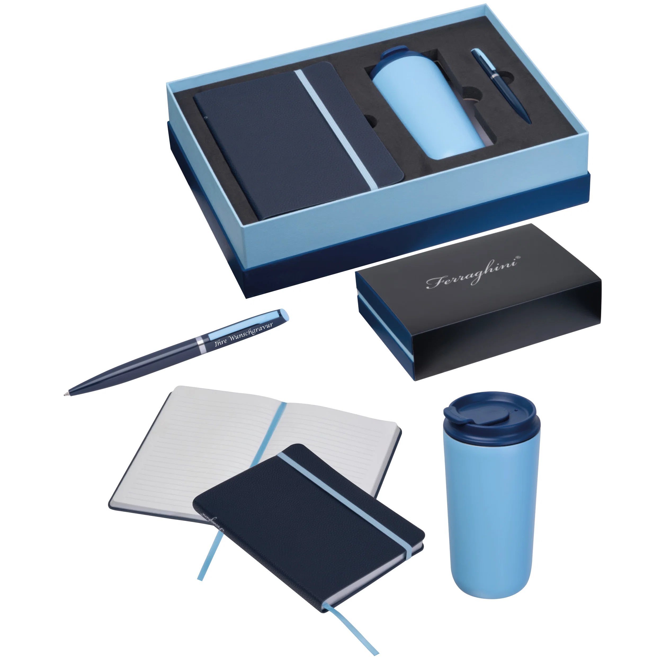 Geschenk-Set "Ferraghini" mit Notizbuch, Trinkbecher, Kugelschreiber mit Gravur