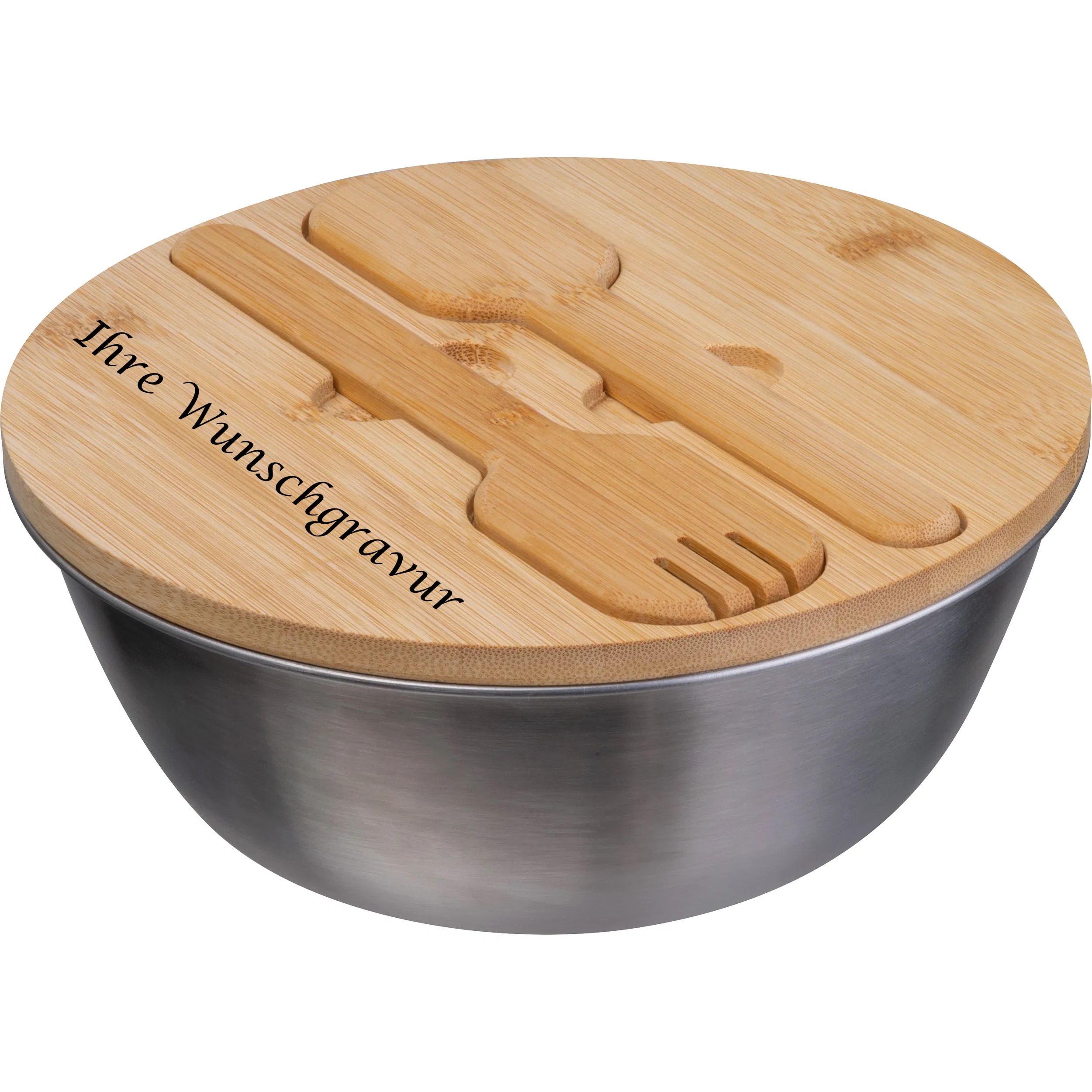 Salatschüssel mit Gravur / aus Edelstahl mit Bambusdeckel / 2.000 ml