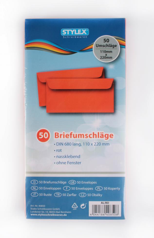 50 farbige Briefumschläge / Din lang / Farbe: rot