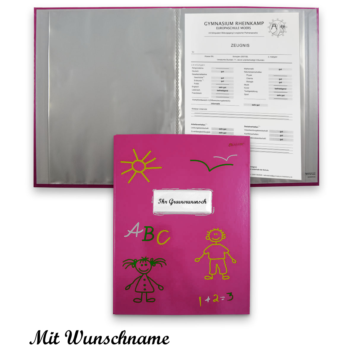 Kinder Zeugnismappe Namensgravur - DIN A4 - mit 20 Klarsichthüllen