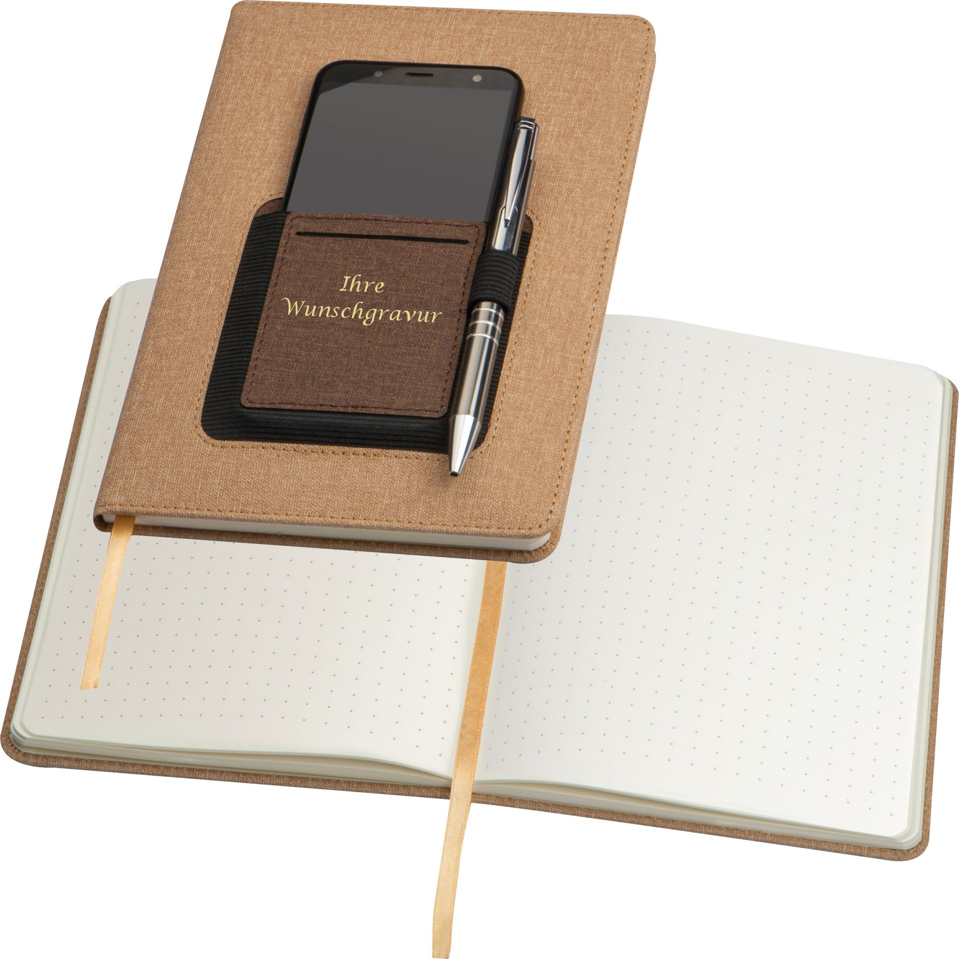 Notizbuch mit Gravur / PU Einband / A5 / 160 S. / Smartphonefach / Farbe: braun