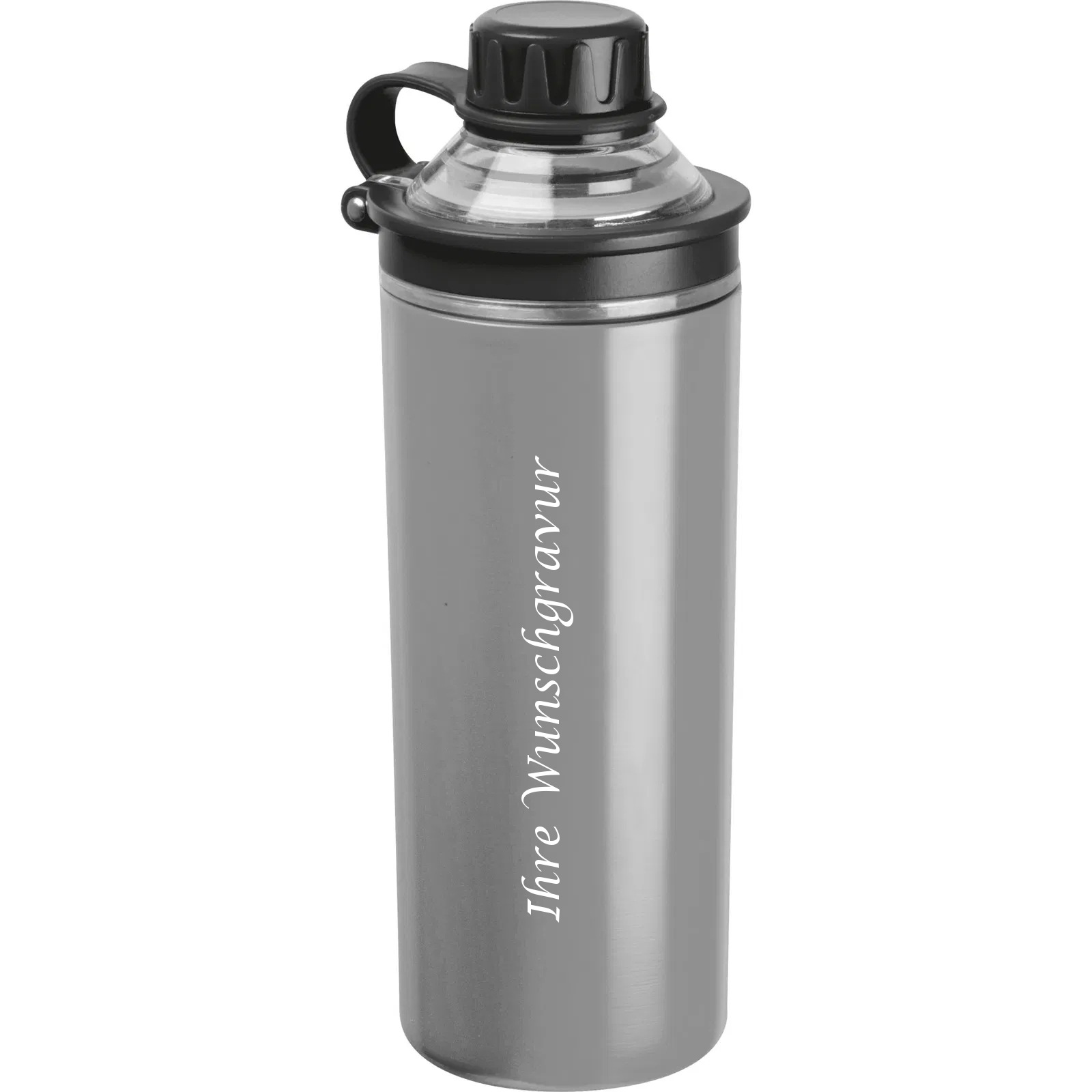Doppelwandige Edelstahl Trinkflasche mit Gravur / 500ml / Farbe grau