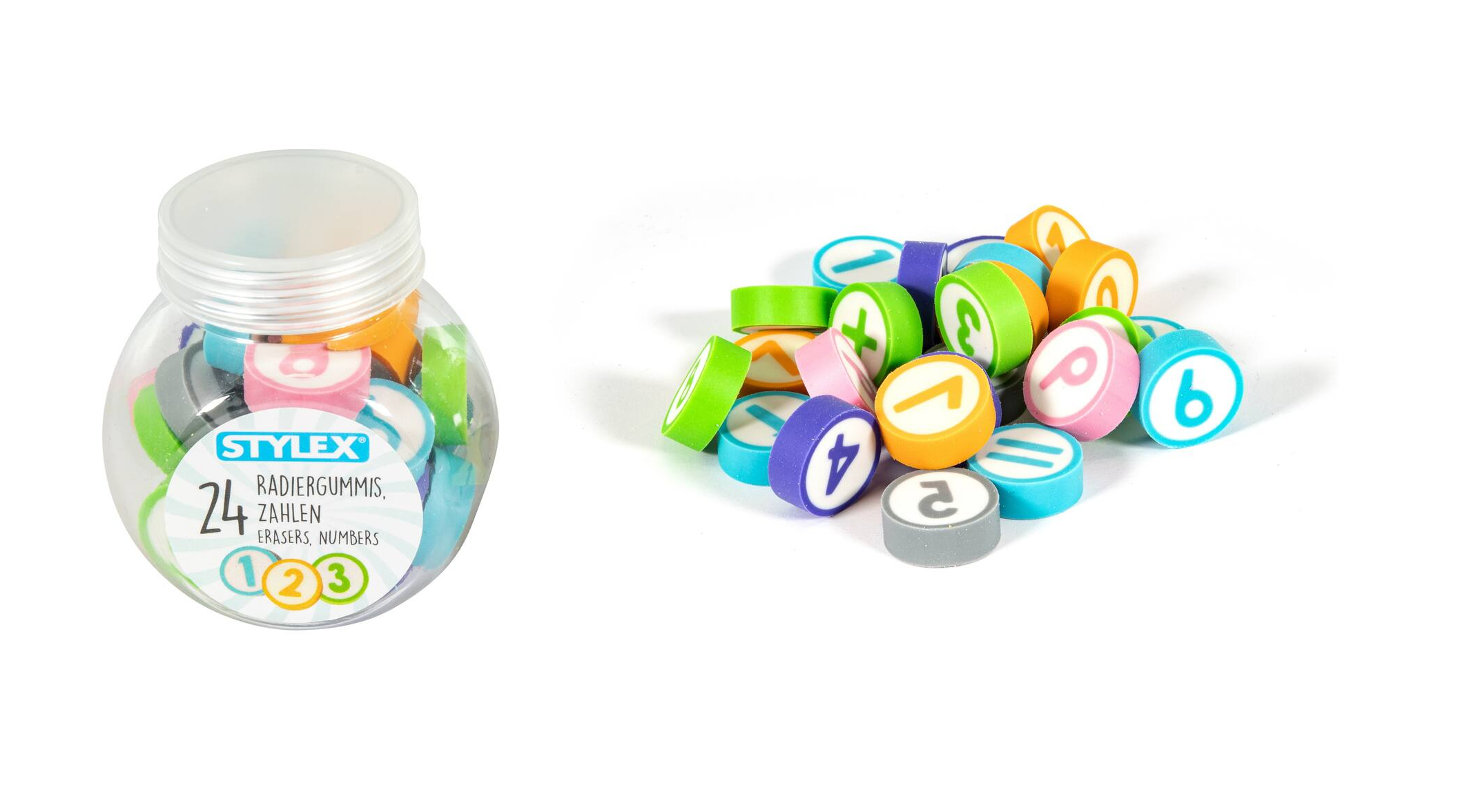 60x Radiergummi / mit Buchstaben, Zahlen und Rechenzeichen