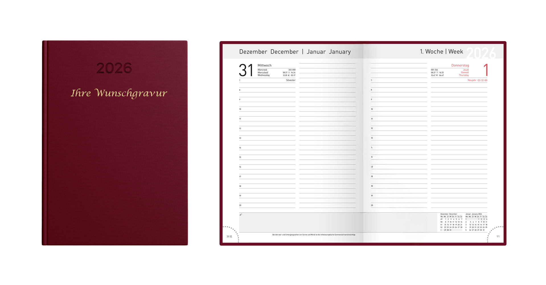 Buchkalender 2026 mit Gravur / Chefkalender / Farbe: burgund