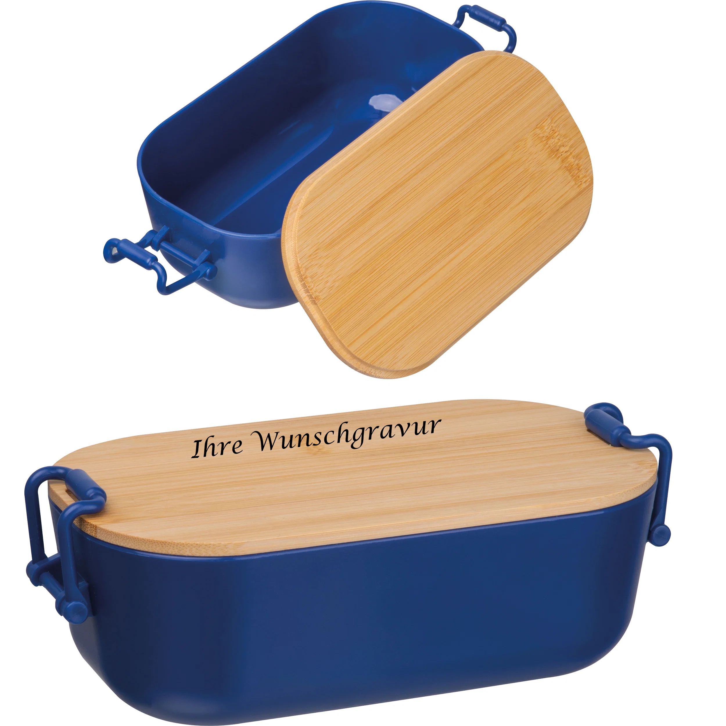 Brotdose mit Gravur / Lunchbox / mit Bambusdeckel und Bügelverschluss / blau