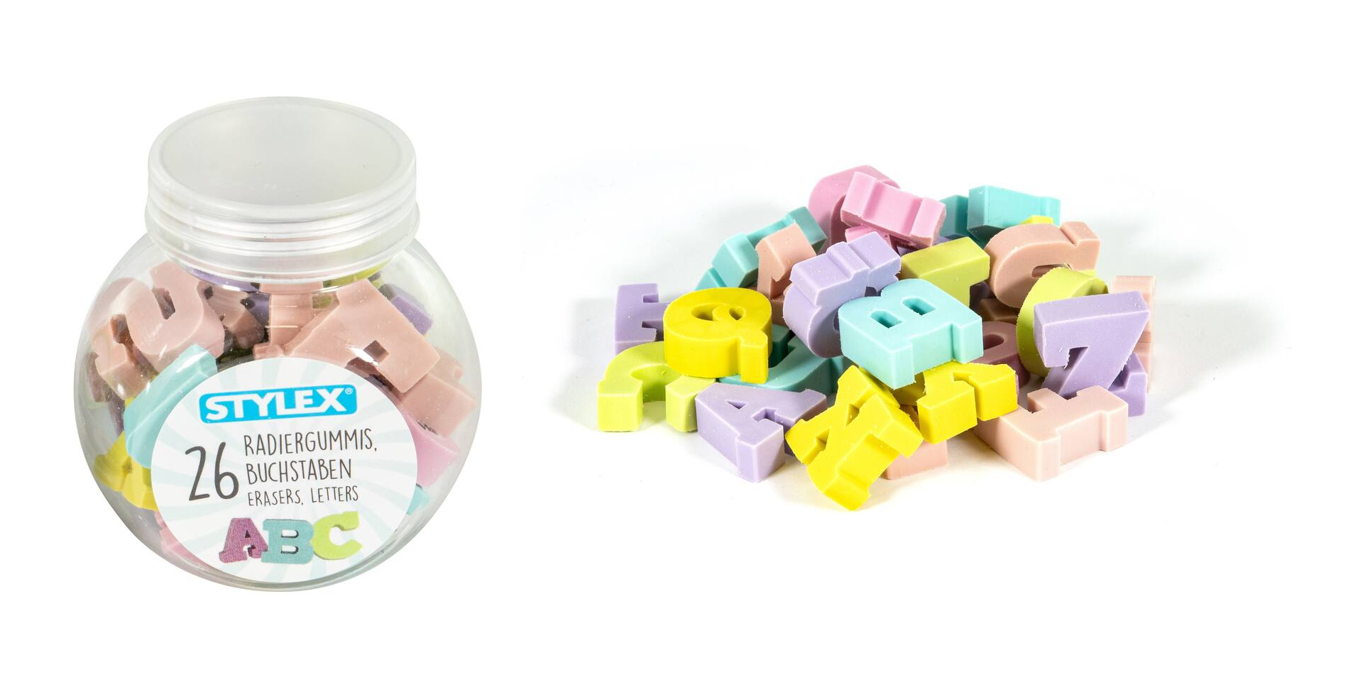 60x Radiergummi / mit Buchstaben, Zahlen und Rechenzeichen