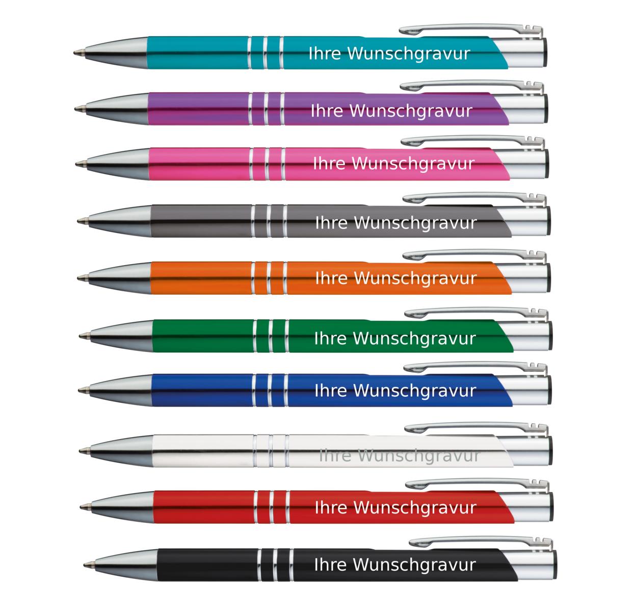 50 Kugelschreiber aus Metall / mit Gravur / 10 verschiedene Farben
