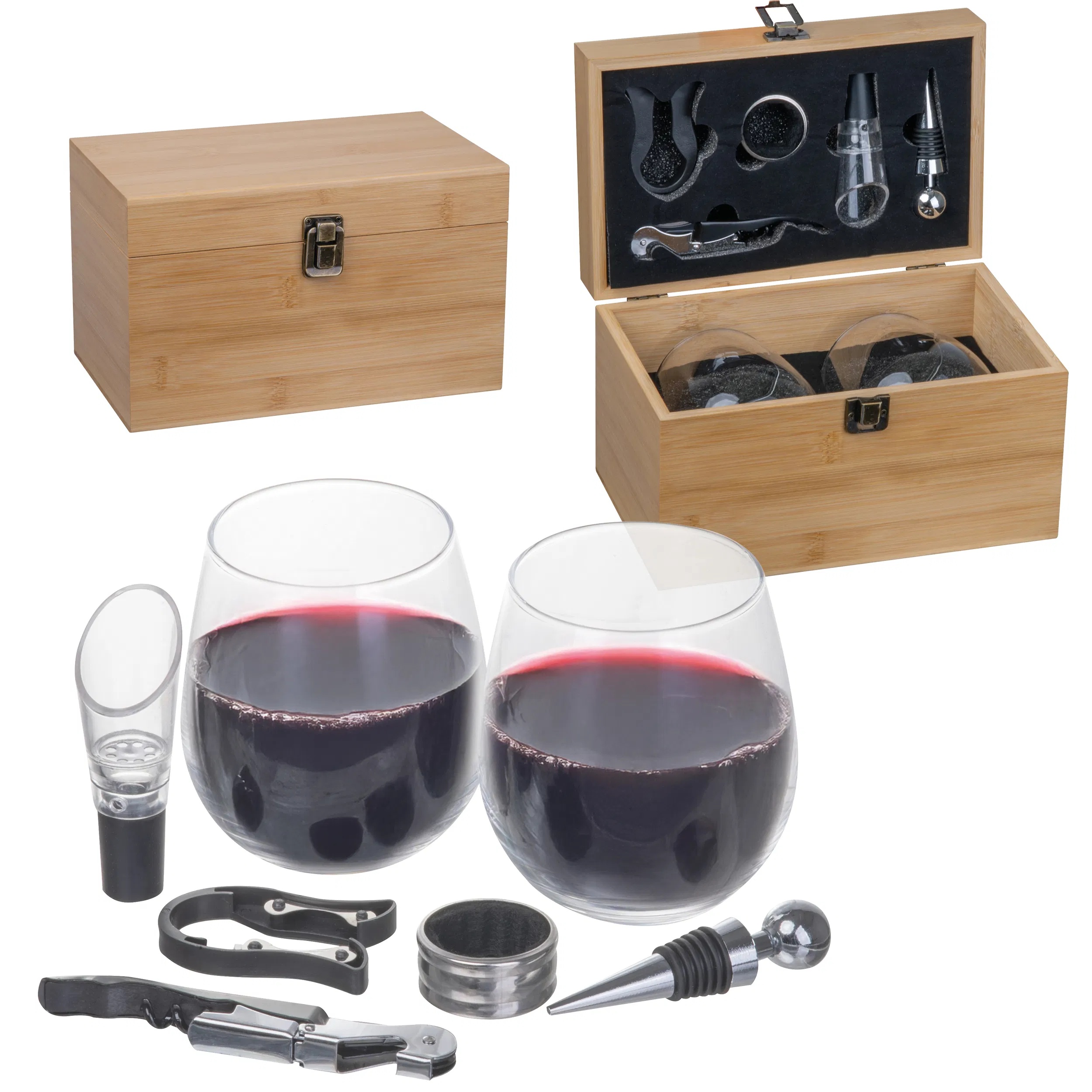 Weinset in Holzbox / inklusive Korkenzieher, Stopper, Ausgießer & mehr